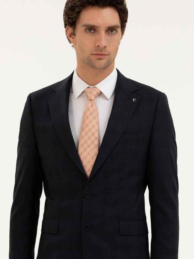 Lacivert Slim Fit Yün Karışımlı Mikro Desenli Takım Elbise