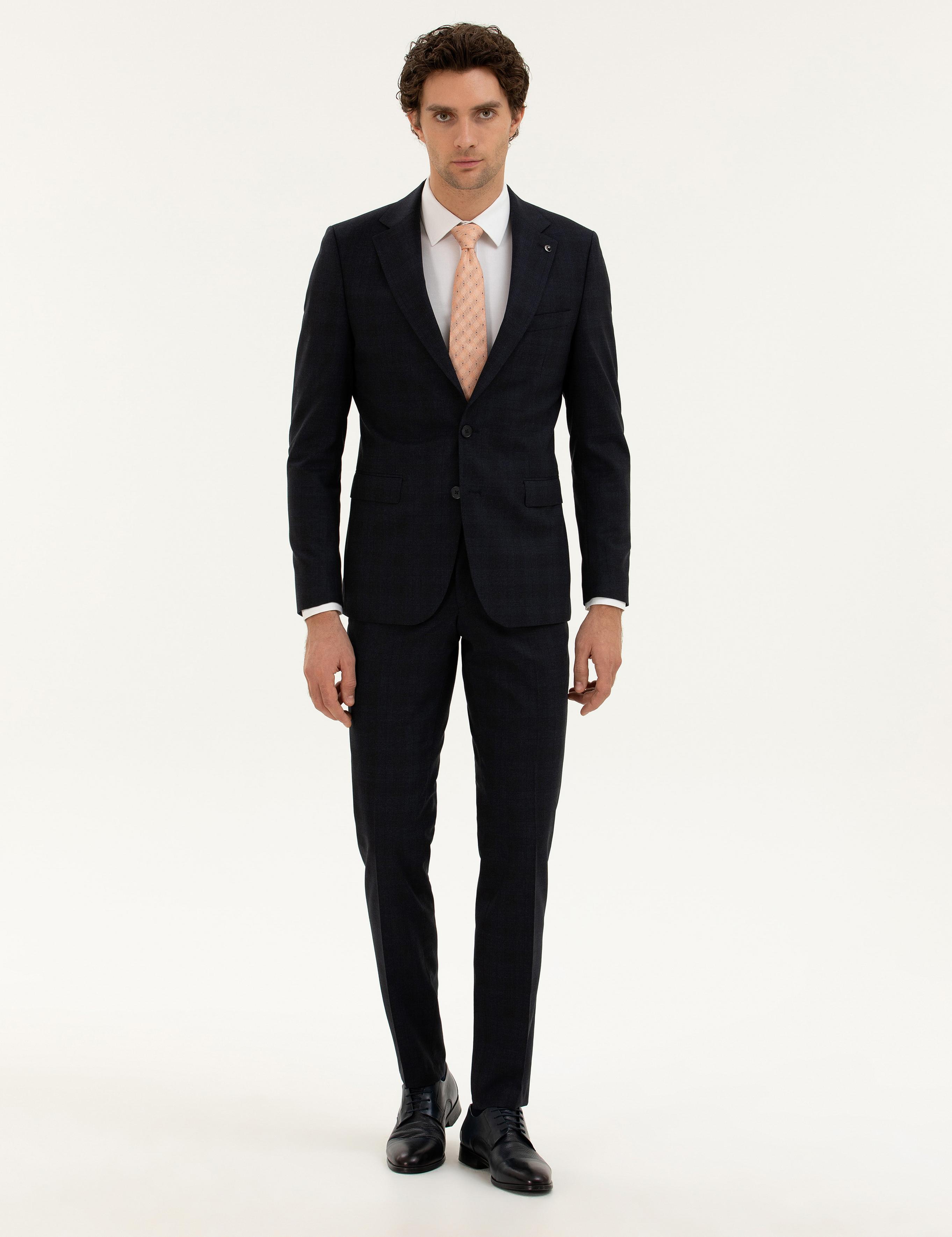 Lacivert Slim Fit Yün Karışımlı Mikro Desenli Takım Elbise - 50277983044
