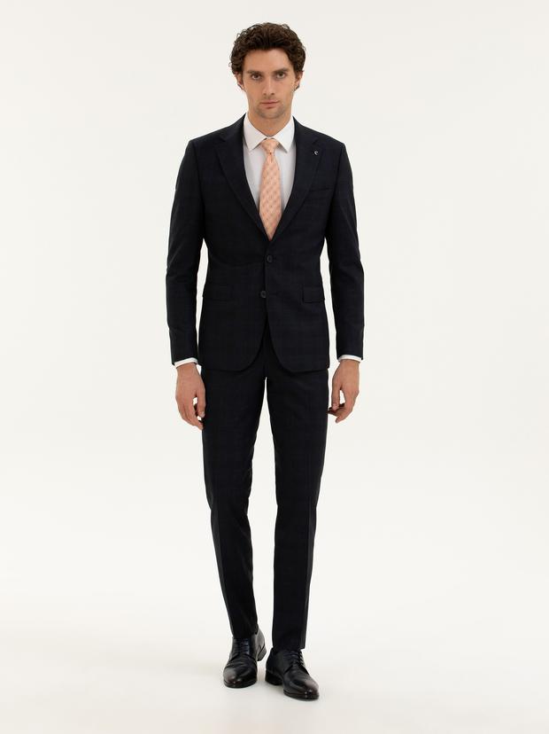 Lacivert Slim Fit Yün Karışımlı Mikro Desenli Takım Elbise