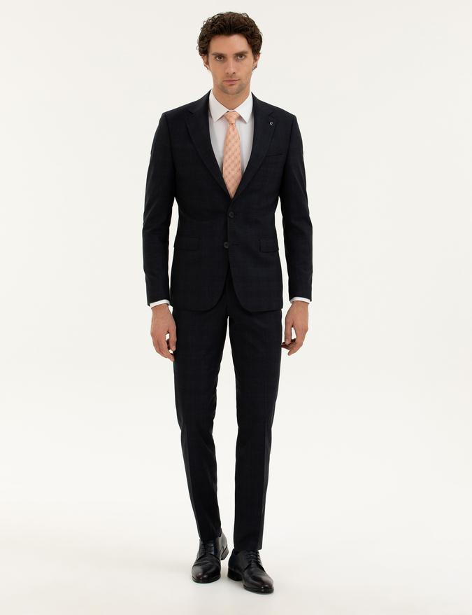 Lacivert Slim Fit Yün Karışımlı Mikro Desenli Takım Elbise