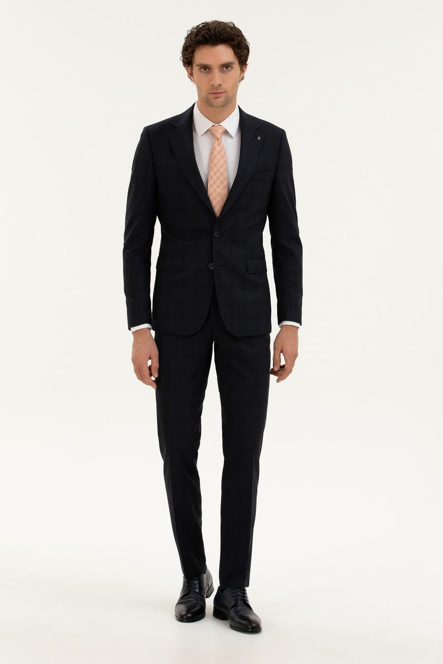 Lacivert Slim Fit Yün Karışımlı Mikro Desenli Takım Elbise - 50277983044