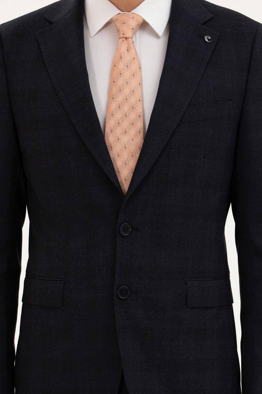 Lacivert Slim Fit Yün Karışımlı Mikro Desenli Takım Elbise - 50277983044
