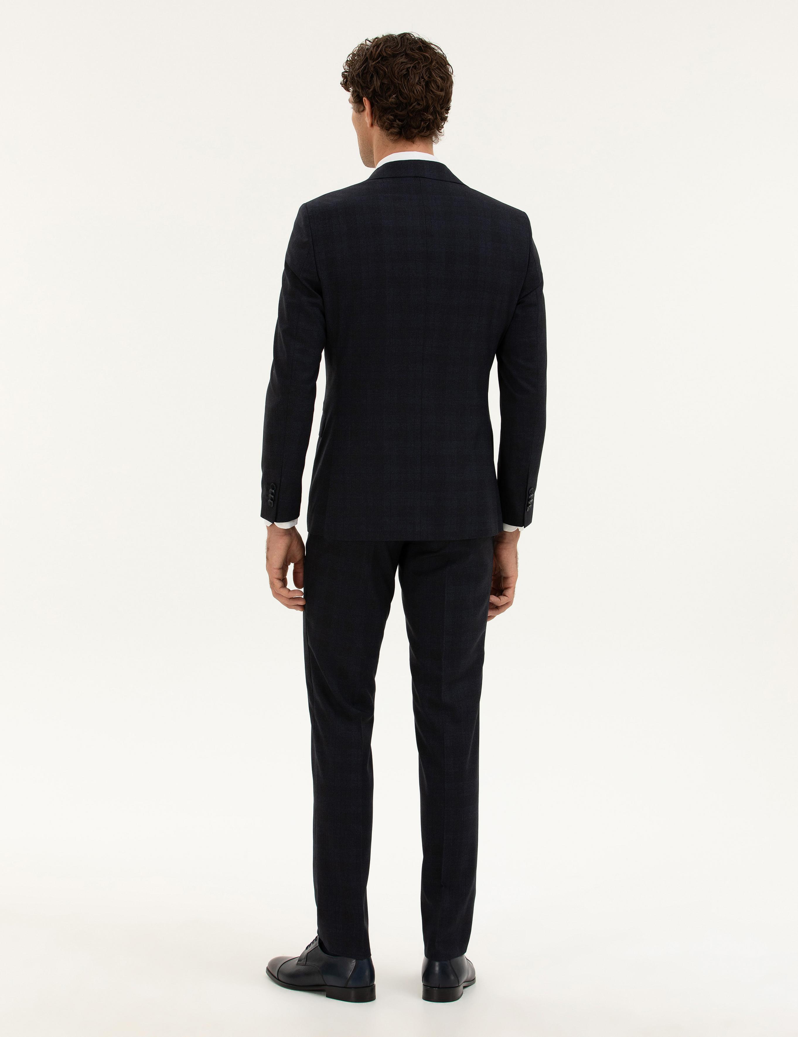 Lacivert Slim Fit Yün Karışımlı Mikro Desenli Takım Elbise - 50277983044