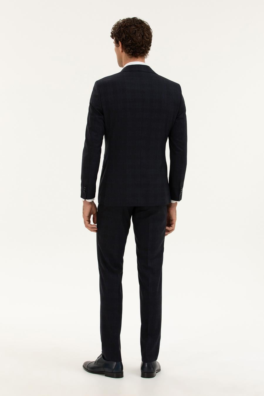 Lacivert Slim Fit Yün Karışımlı Mikro Desenli Takım Elbise - 50277983044
