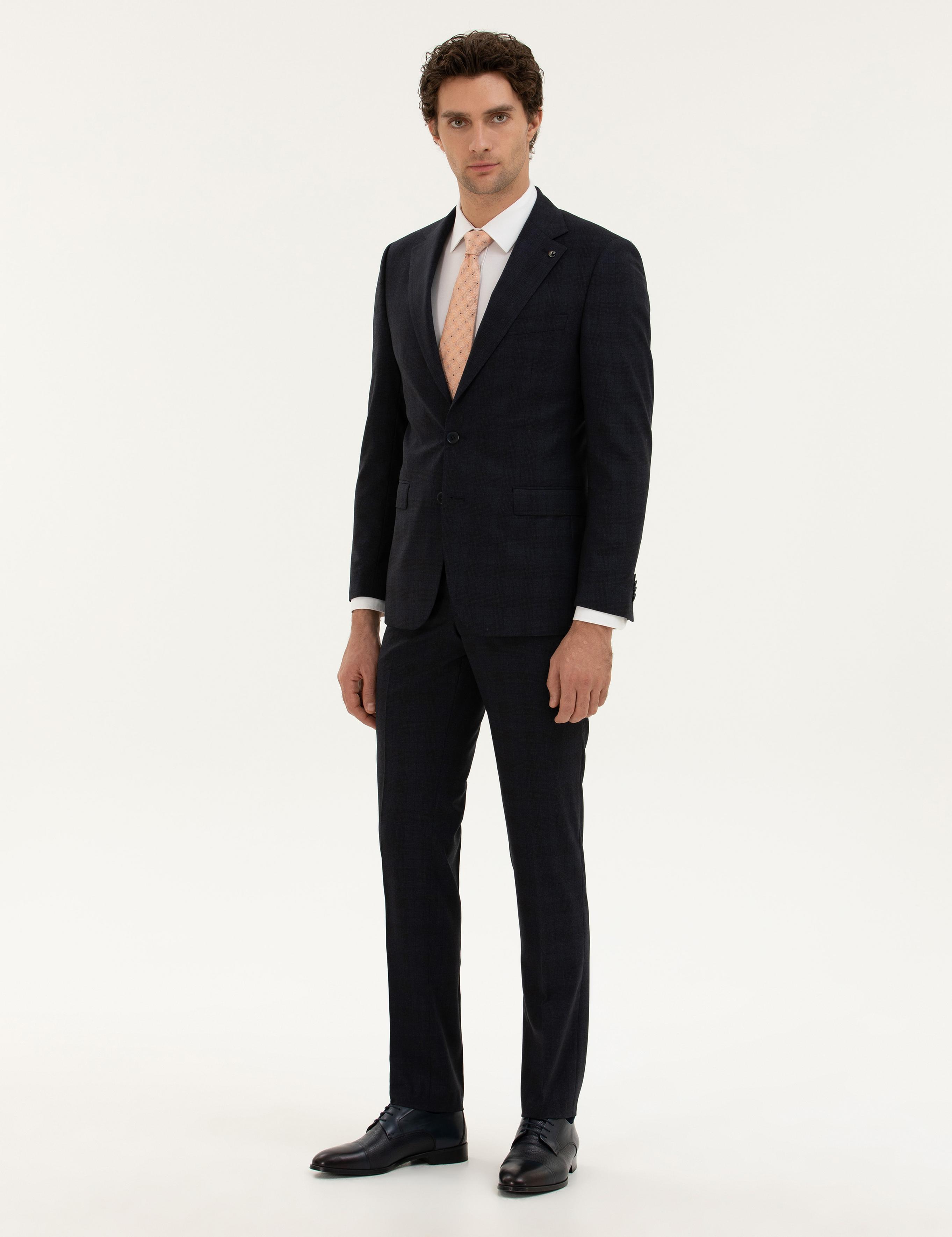 Lacivert Slim Fit Yün Karışımlı Mikro Desenli Takım Elbise - 50277983044