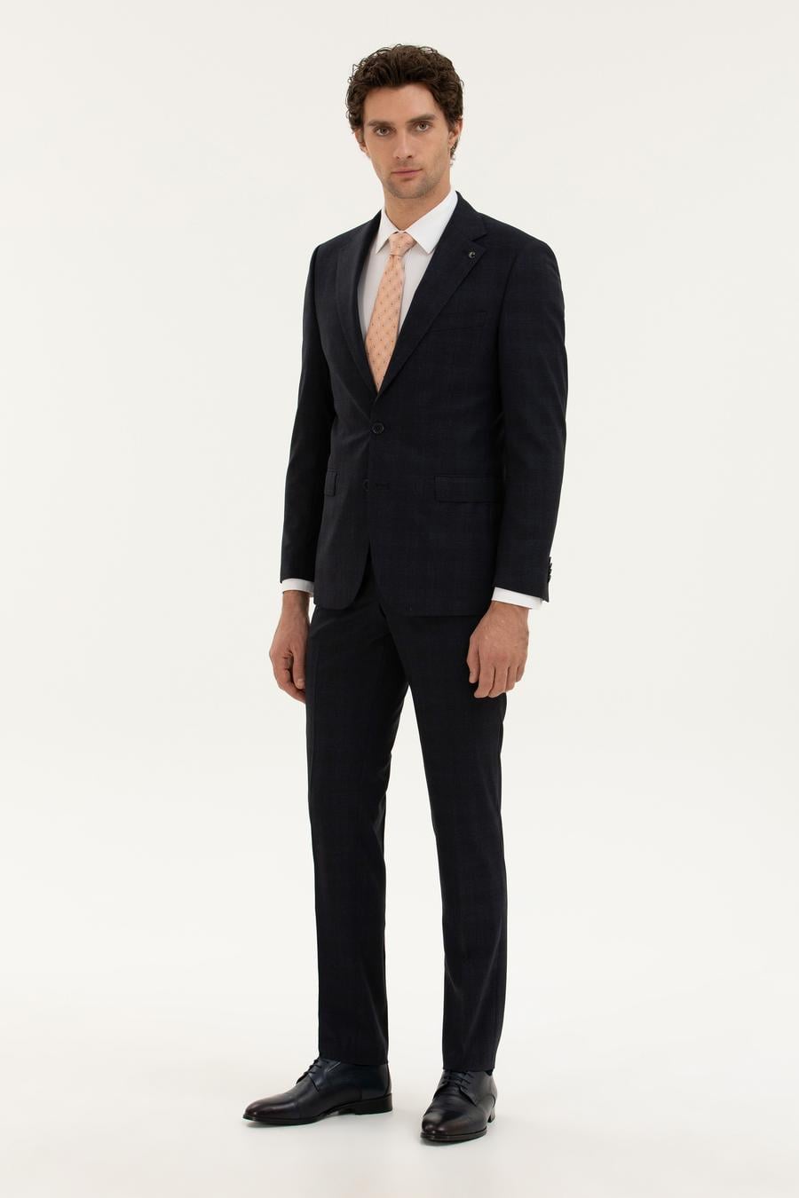 Lacivert Slim Fit Yün Karışımlı Mikro Desenli Takım Elbise - 50277983044