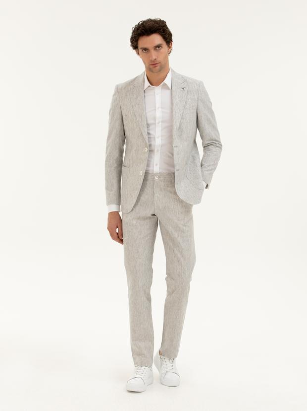 Açık Gri Slim Fit Keten Karışımlı Kumaş Pantolon