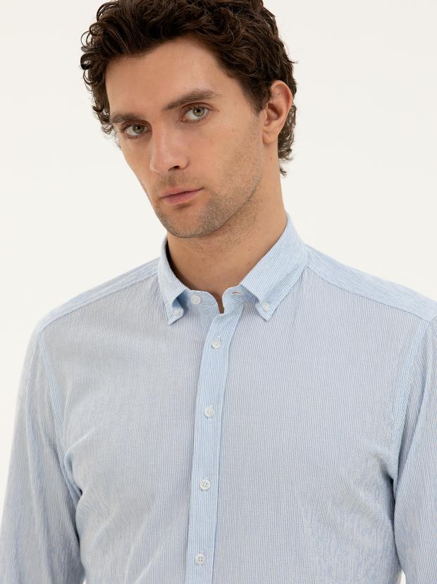 Mavi Slim fit Pamuk Karışımlı Çizgili Gömlek