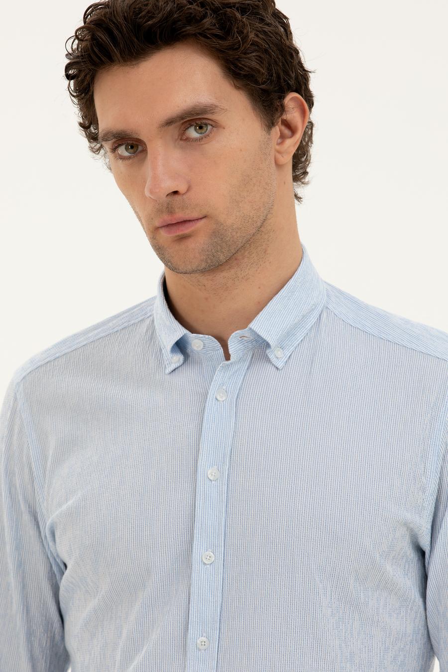 Mavi Slim fit Pamuk Karışımlı Çizgili Gömlek - 50284424098