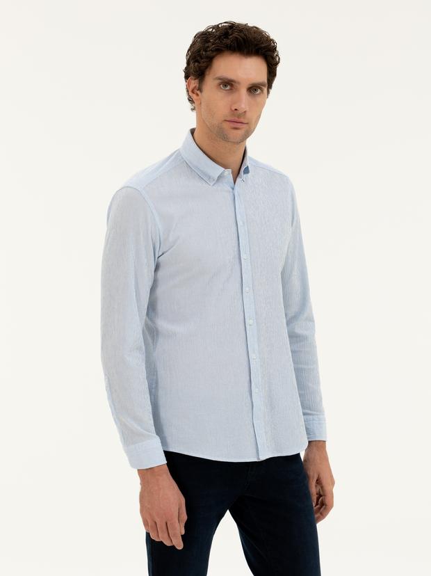Mavi Slim fit Pamuk Karışımlı Çizgili Gömlek