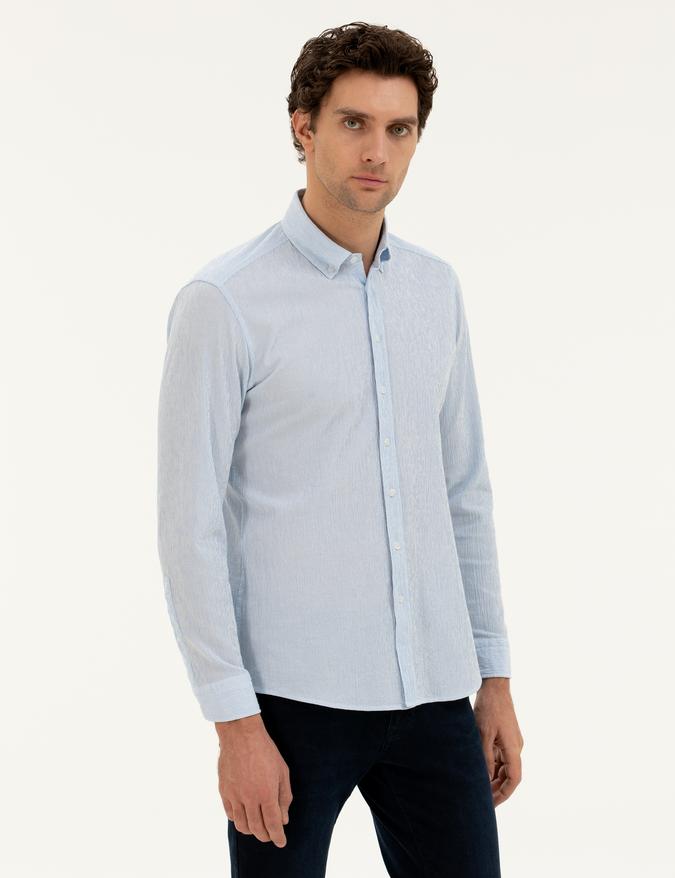 Mavi Slim fit Pamuk Karışımlı Çizgili Gömlek