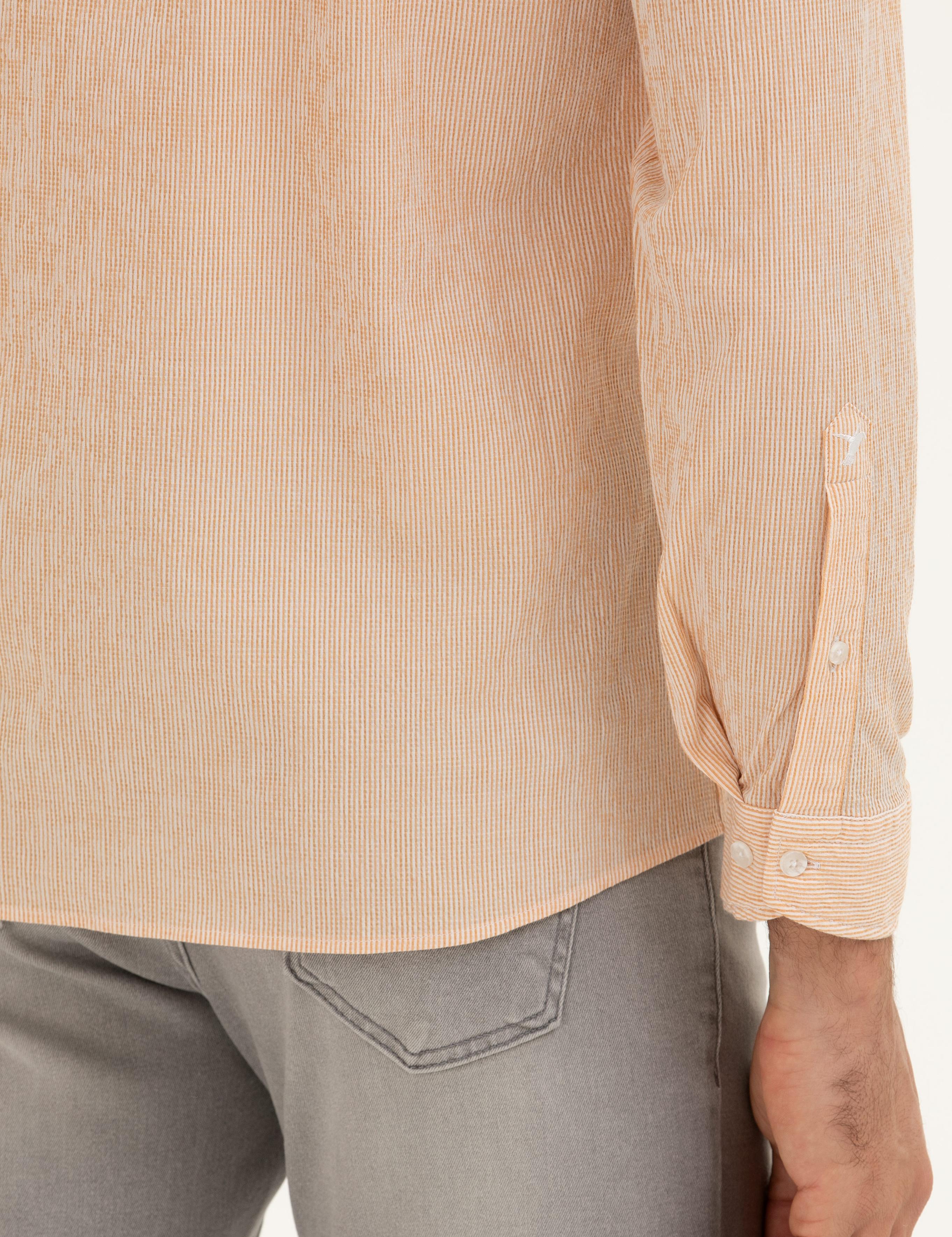 Turuncu Slim Fit Pamuk Karışımlı Çizgili Gömlek - 50284424109