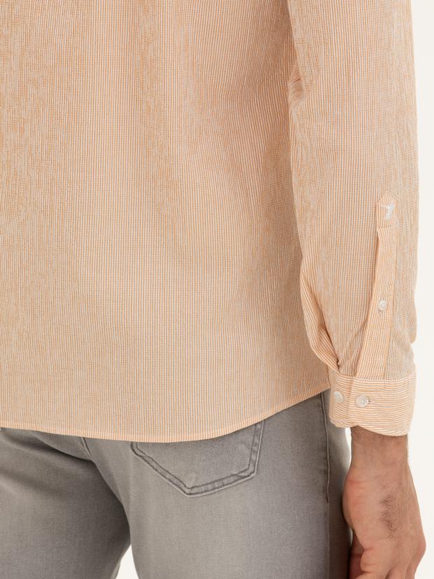 Turuncu Slim Fit Pamuk Karışımlı Çizgili Gömlek