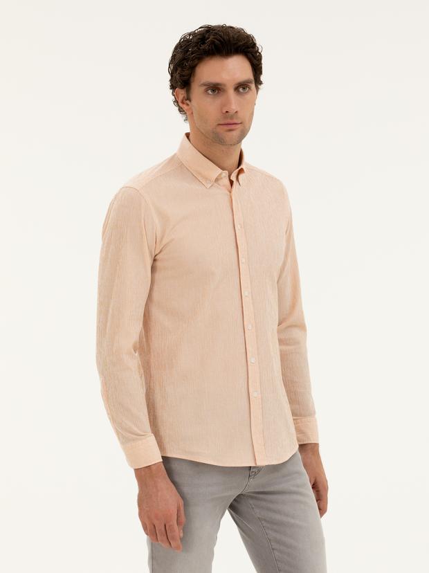 Turuncu Slim Fit Pamuk Karışımlı Çizgili Gömlek