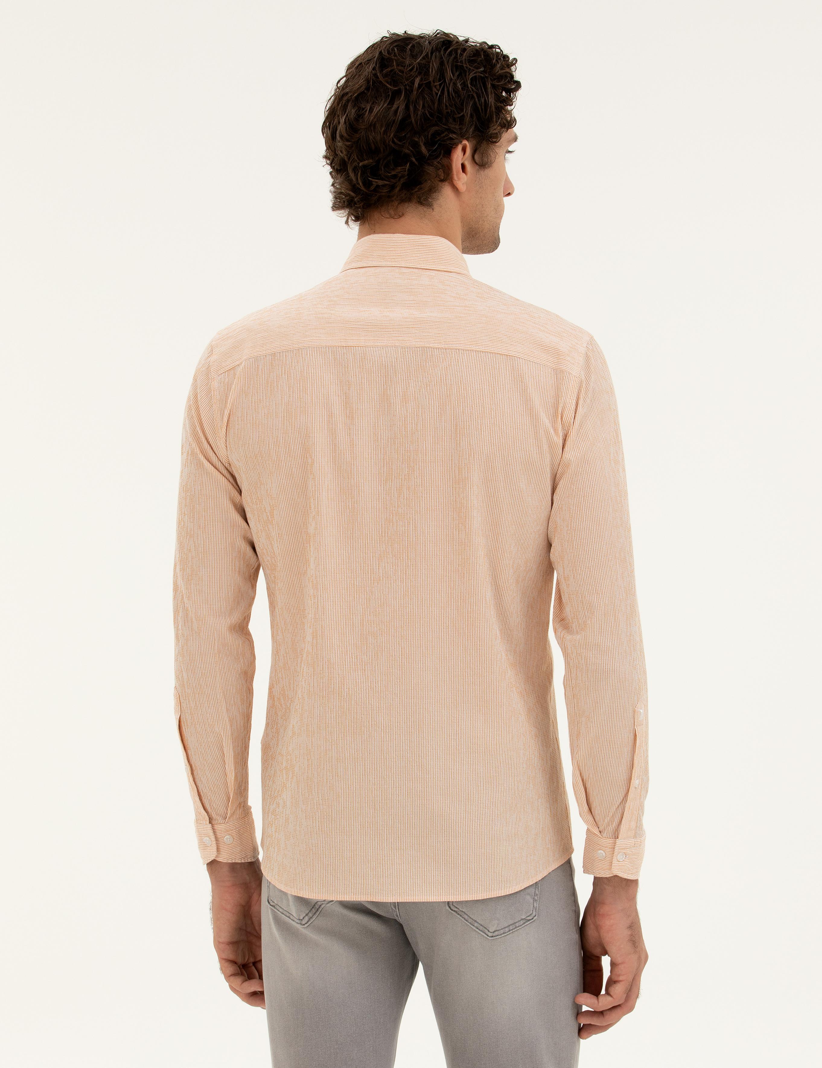 Turuncu Slim Fit Pamuk Karışımlı Çizgili Gömlek - 50284424109