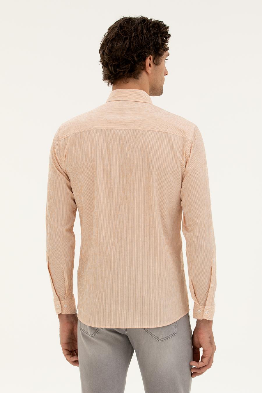 Turuncu Slim Fit Pamuk Karışımlı Çizgili Gömlek - 50284424109