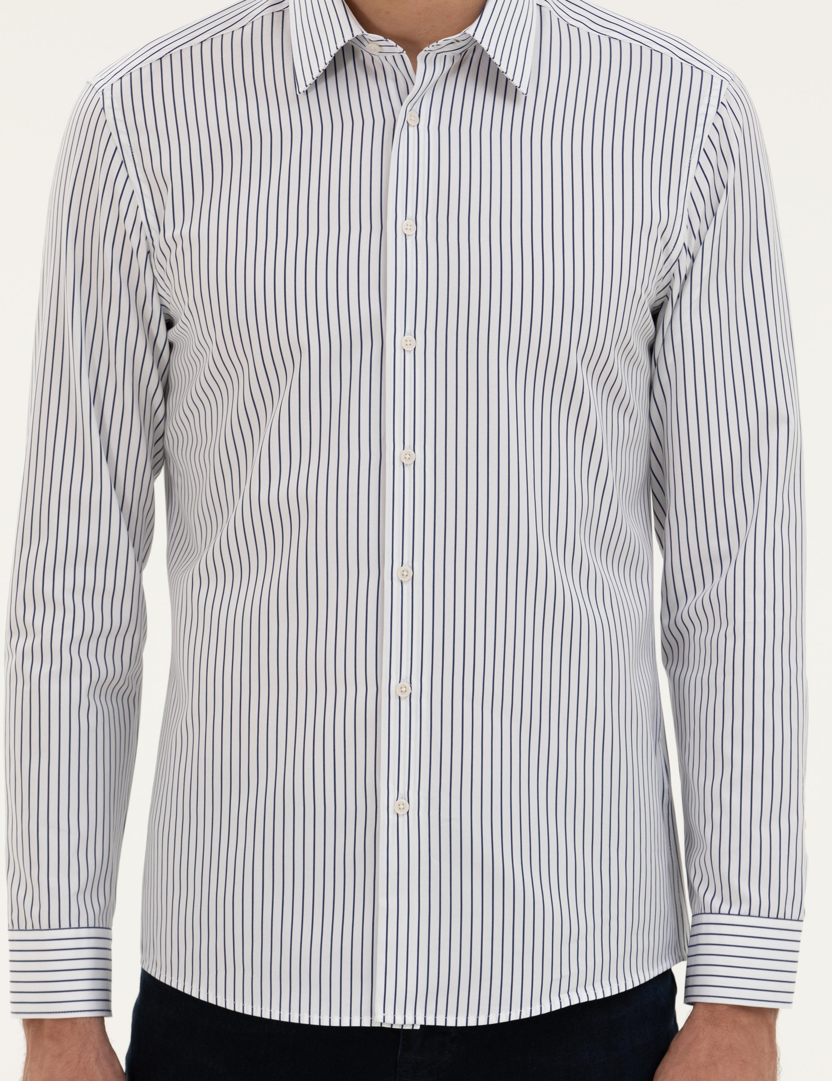 Lacivert Slim Fit Pamuk Çizgili Gömlek - 50288628024