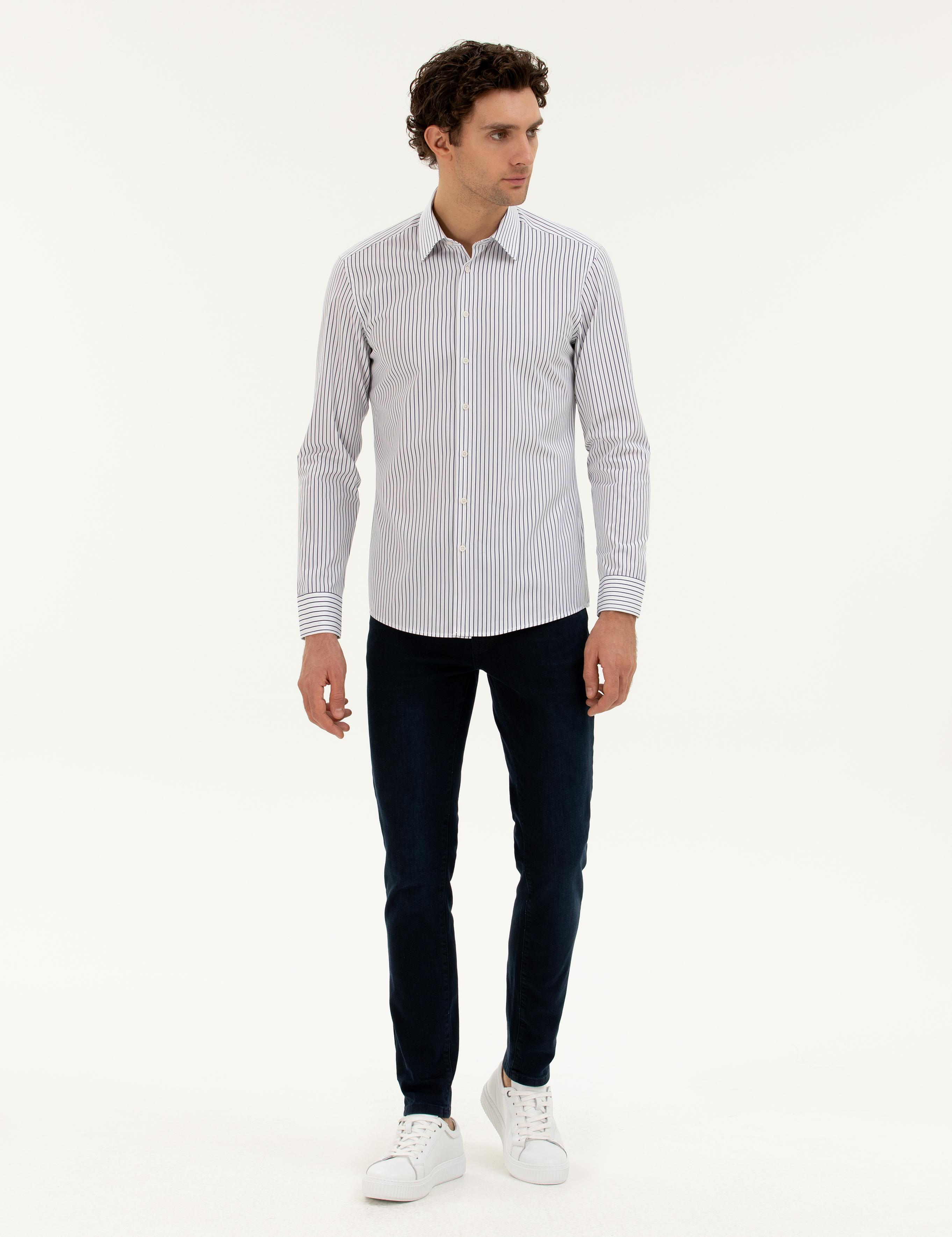 Lacivert Slim Fit Pamuk Çizgili Gömlek - 50288628024