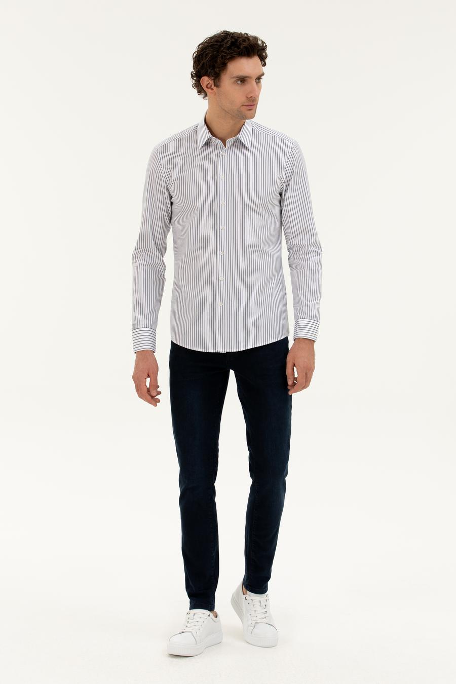 Lacivert Slim Fit Pamuk Çizgili Gömlek - 50288628024