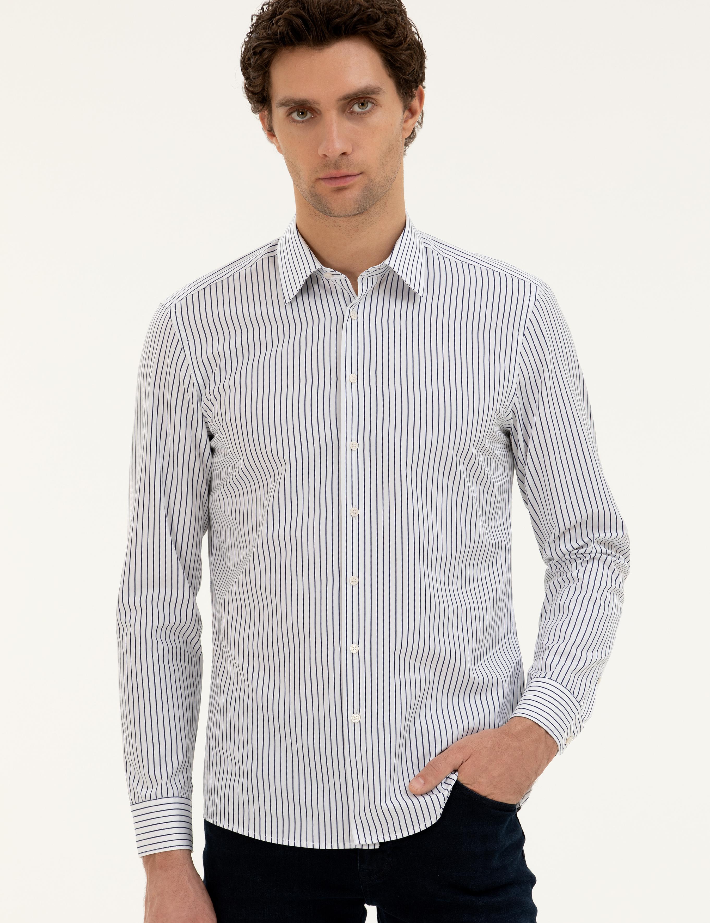 Lacivert Slim Fit Pamuk Çizgili Gömlek - 50288628024