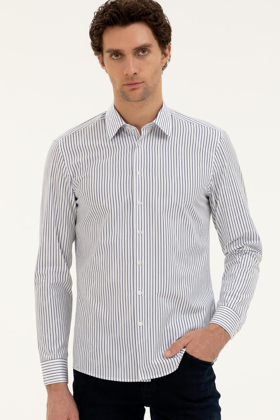Lacivert Slim Fit Pamuk Çizgili Gömlek - 50288628024