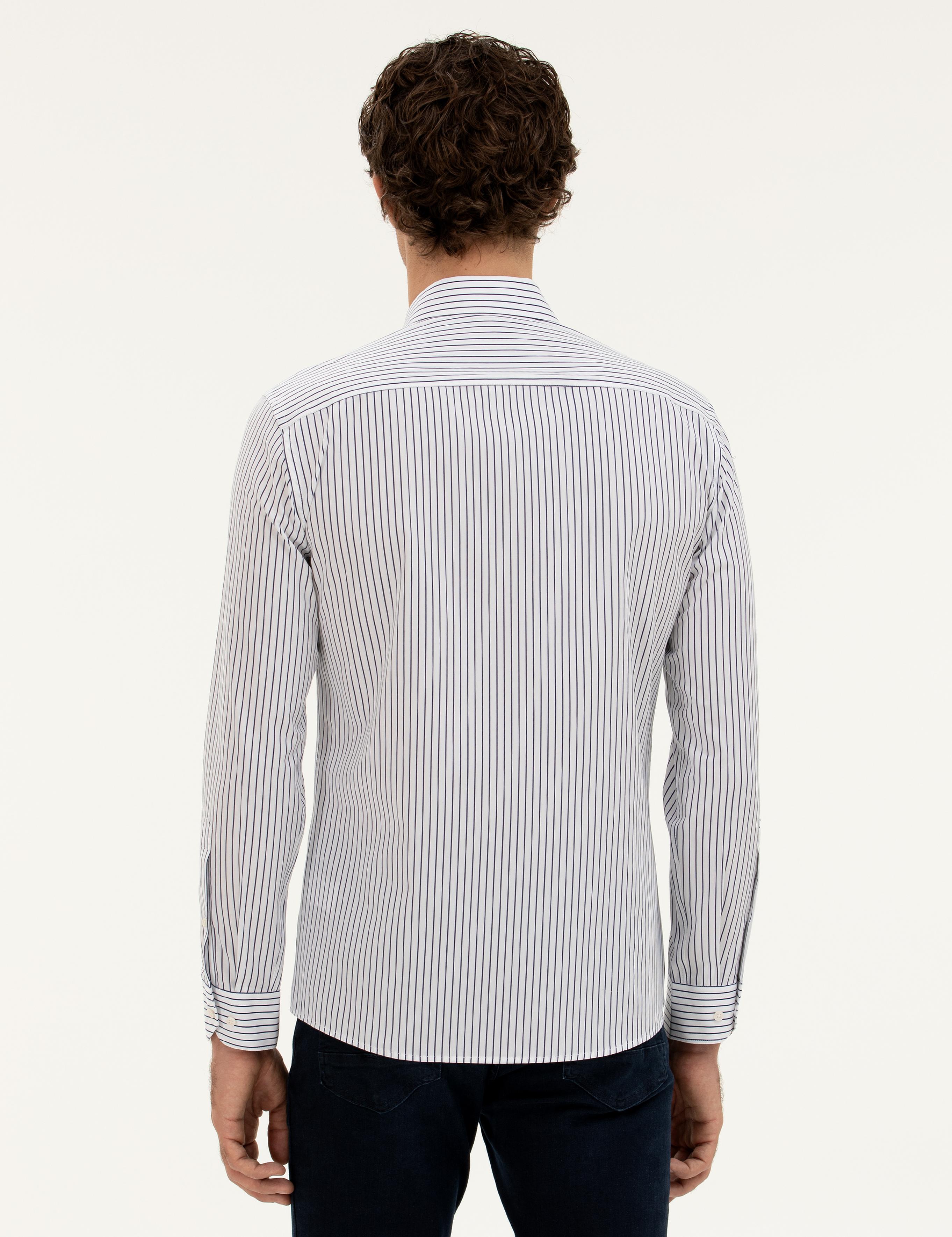 Lacivert Slim Fit Pamuk Çizgili Gömlek - 50288628024