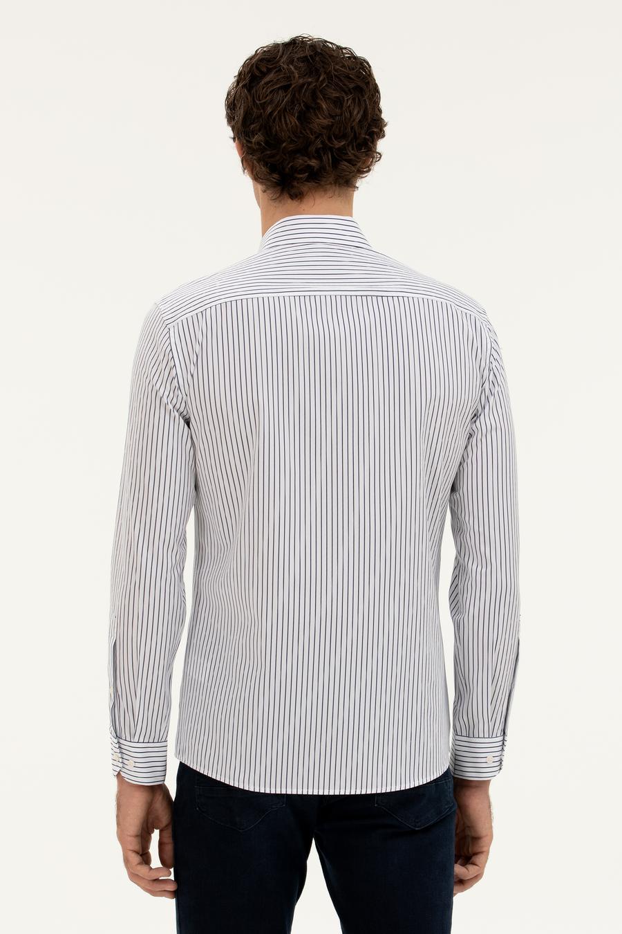 Lacivert Slim Fit Pamuk Çizgili Gömlek - 50288628024