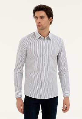 Lacivert Slim Fit Pamuk Çizgili Gömlek