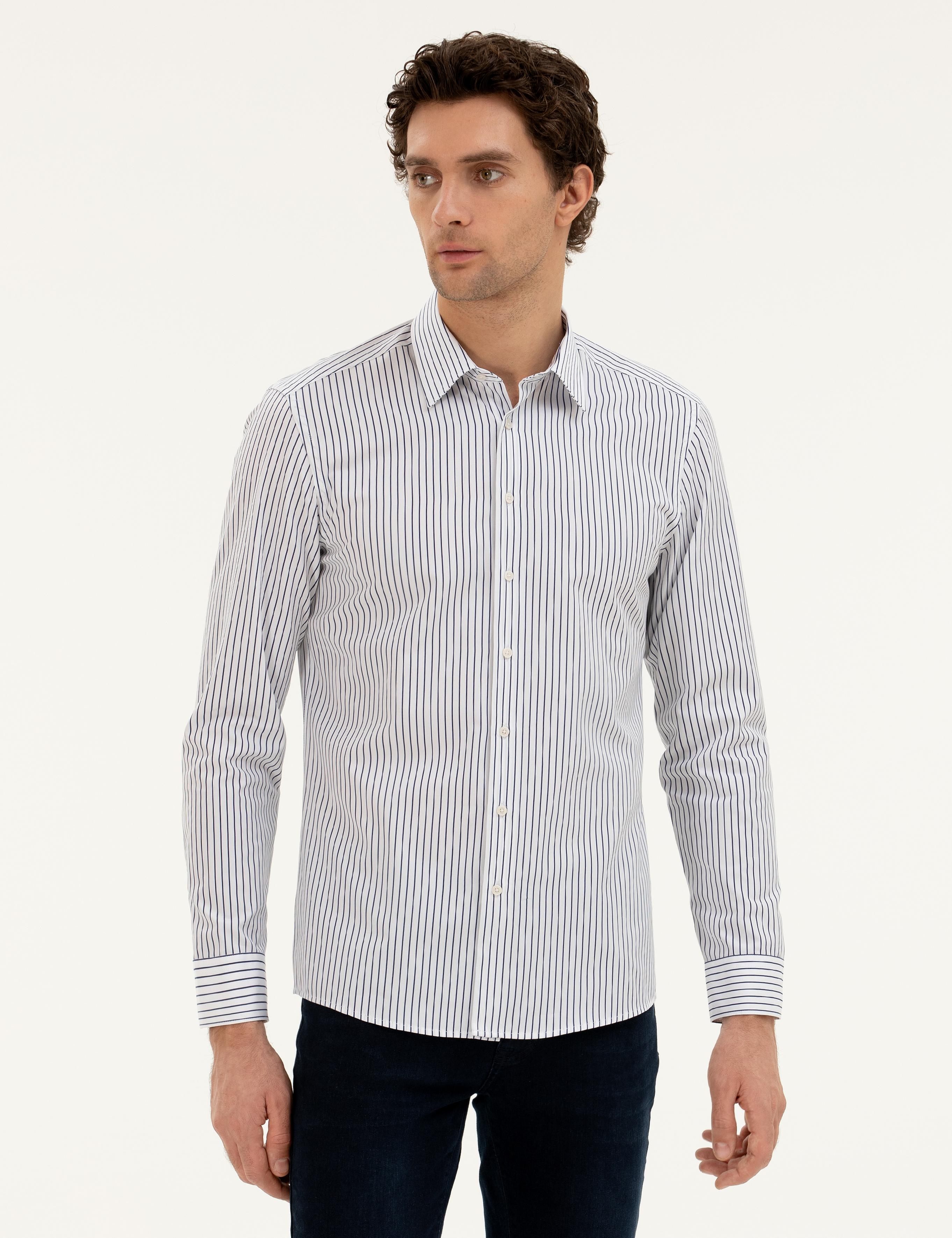 Lacivert Slim Fit Pamuk Çizgili Gömlek - 50288628024