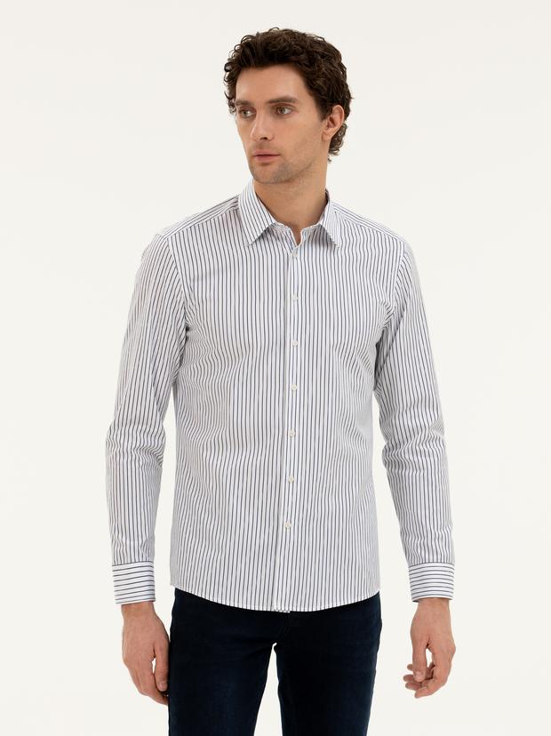 Lacivert Slim Fit Pamuk Çizgili Gömlek