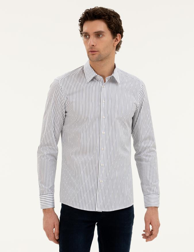 Lacivert Slim Fit Pamuk Çizgili Gömlek