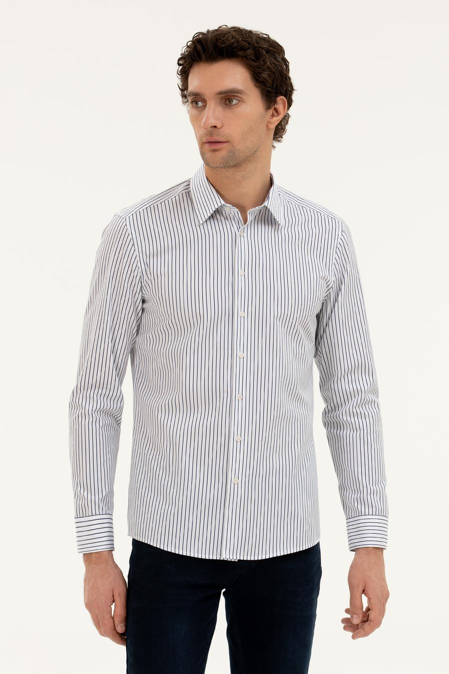 Lacivert Slim Fit Pamuk Çizgili Gömlek - 50288628024