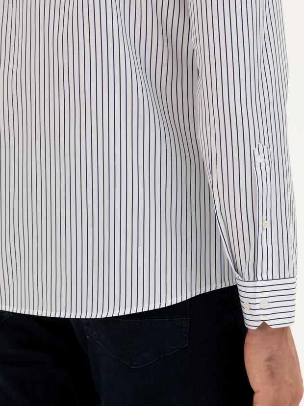 Lacivert Slim Fit Pamuk Çizgili Gömlek