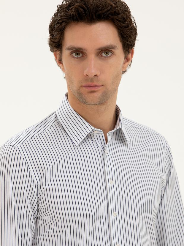 Lacivert Slim Fit Pamuk Çizgili Gömlek