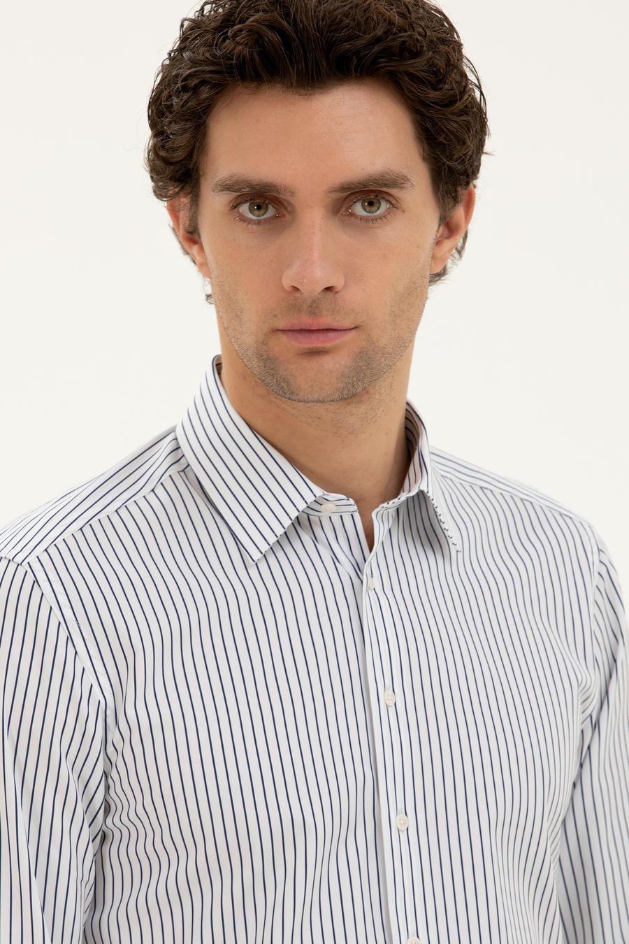 Lacivert Slim Fit Pamuk Çizgili Gömlek - 50288628024