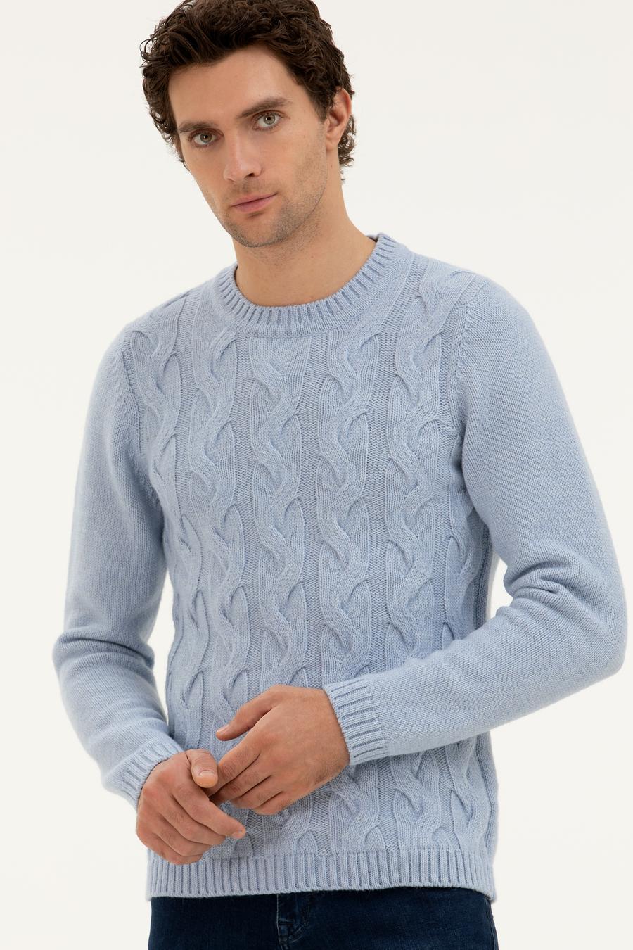 Açık Mavi Regular Fit Yün Karışımlı Bisiklet Yaka Triko Kazak - 50277314045
