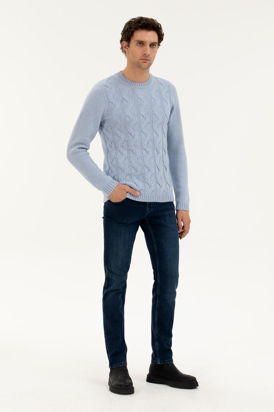 Açık Mavi Regular Fit Yün Karışımlı Bisiklet Yaka Triko Kazak - 50277314045