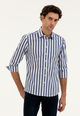 Lacivert Slim Fit Pamuk Karışımlı Çizgili Gömlek