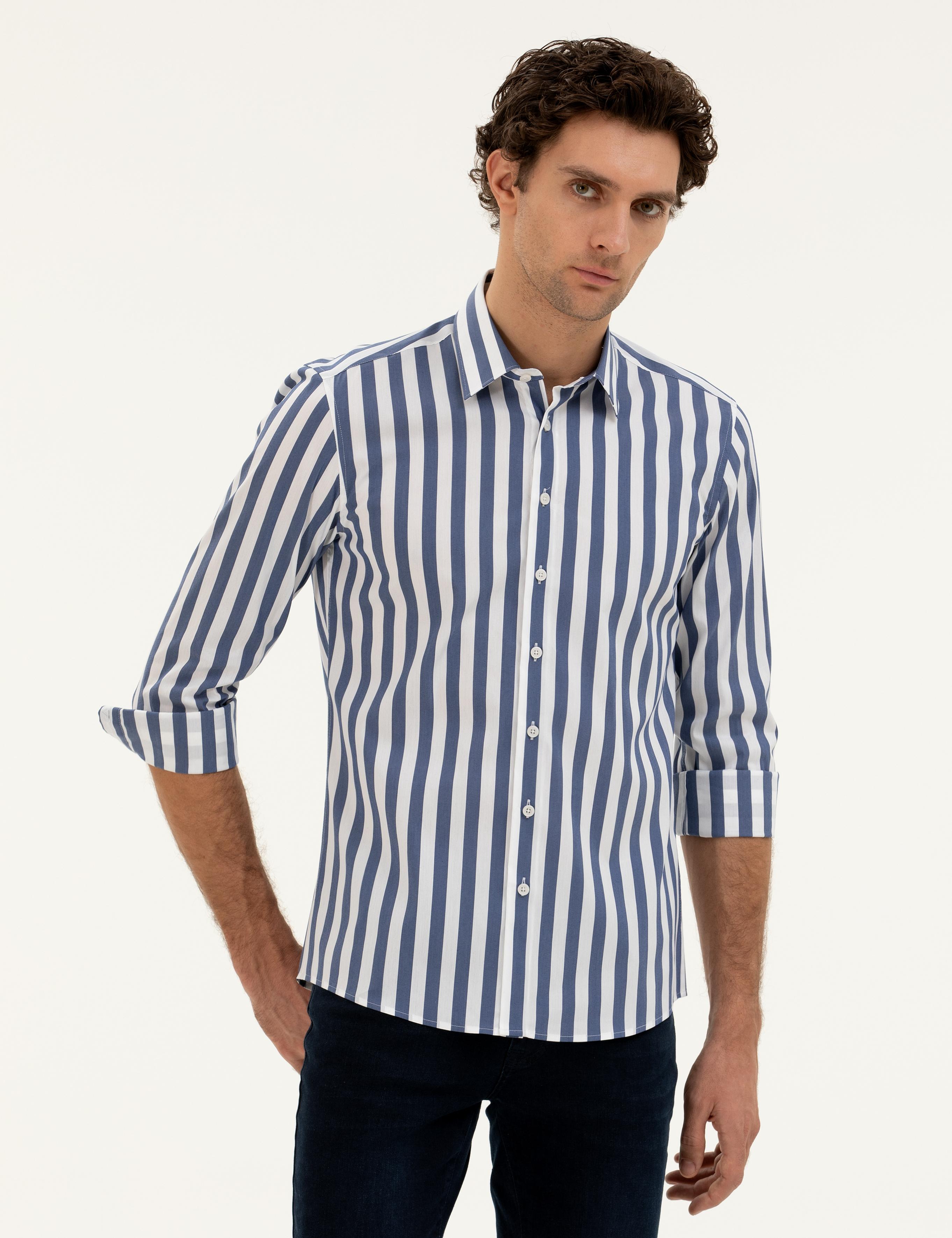 Lacivert Slim Fit Pamuk Karışımlı Çizgili Gömlek - 50285448079