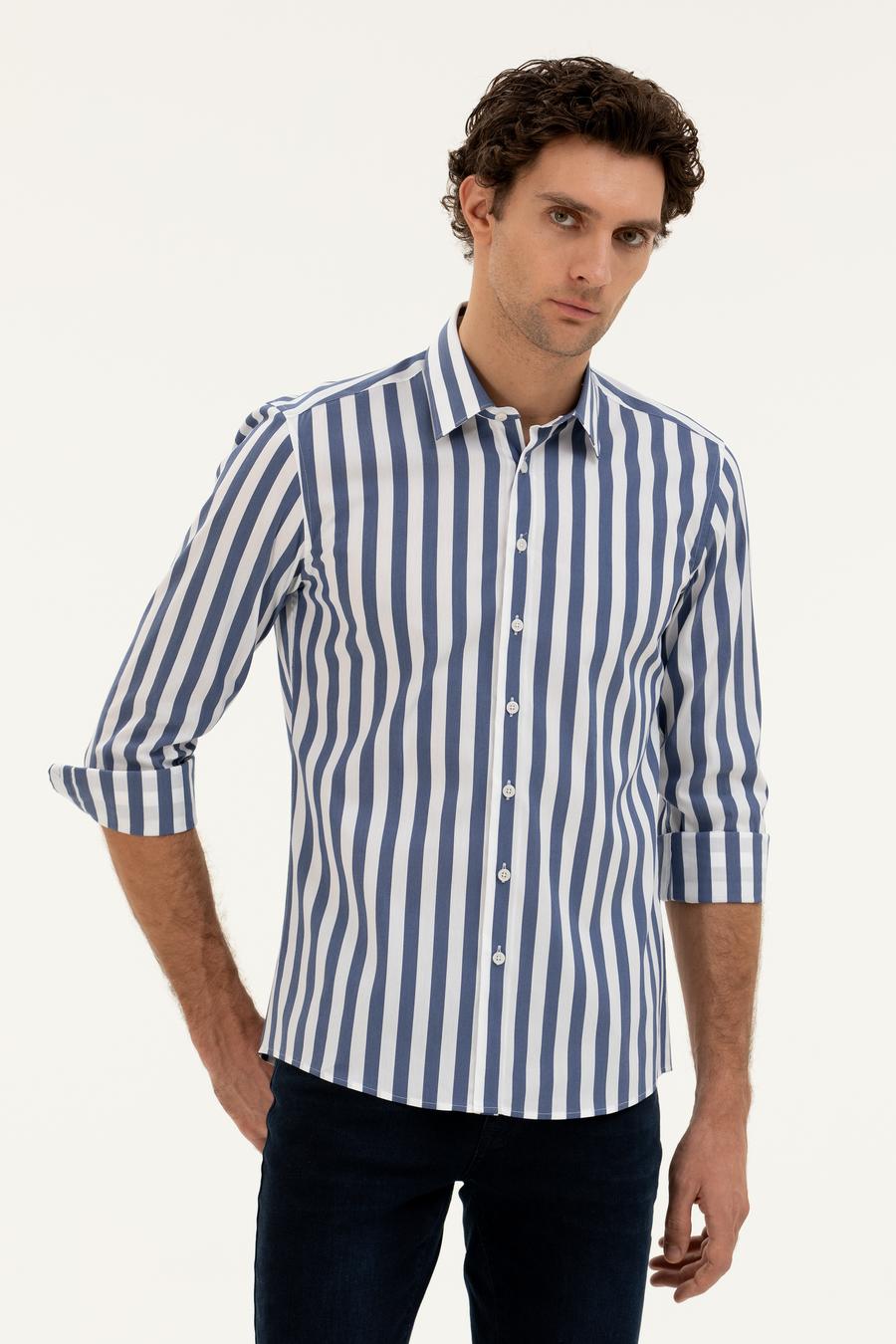 Lacivert Slim Fit Pamuk Karışımlı Çizgili Gömlek - 50285448079
