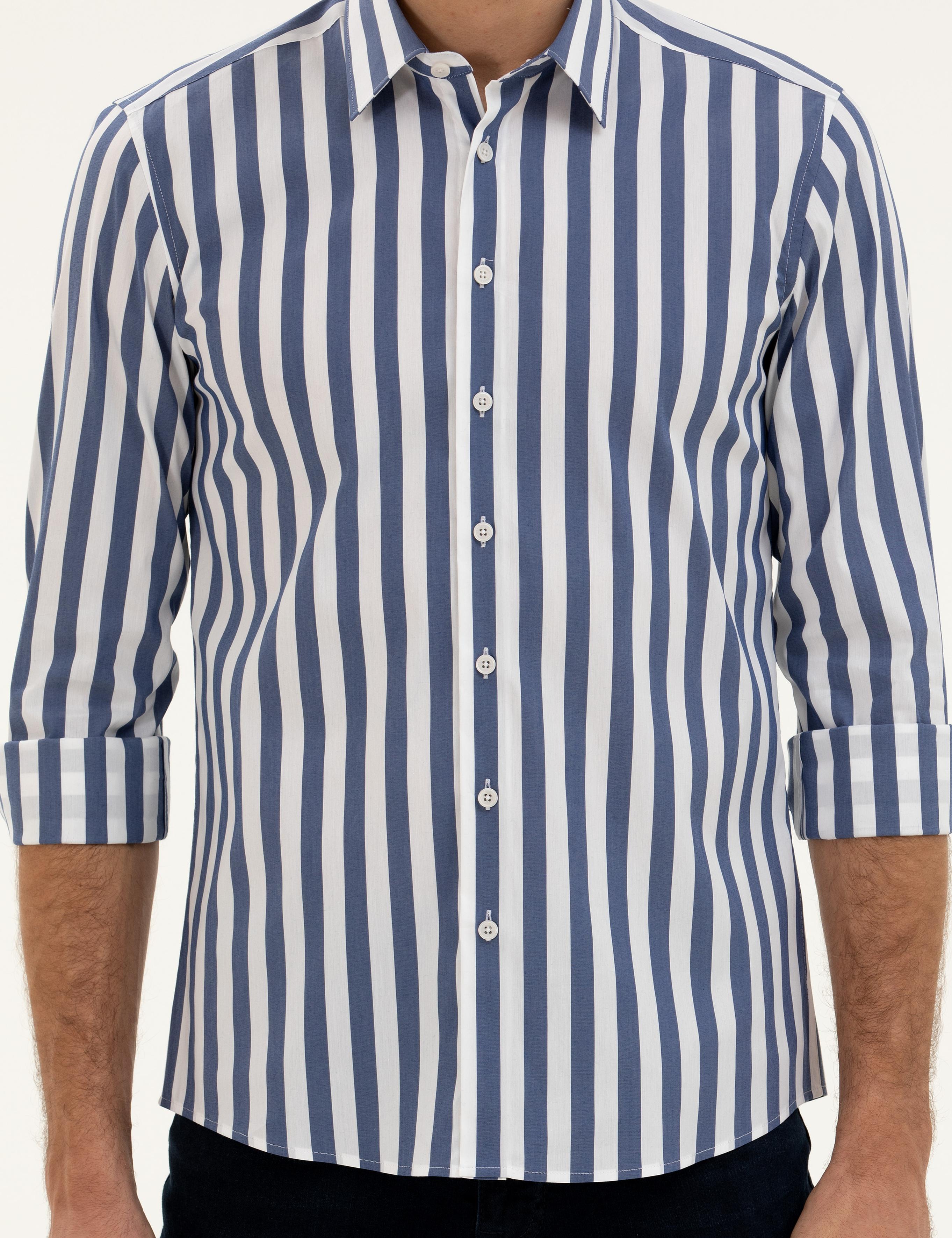 Lacivert Slim Fit Pamuk Karışımlı Çizgili Gömlek - 50285448079