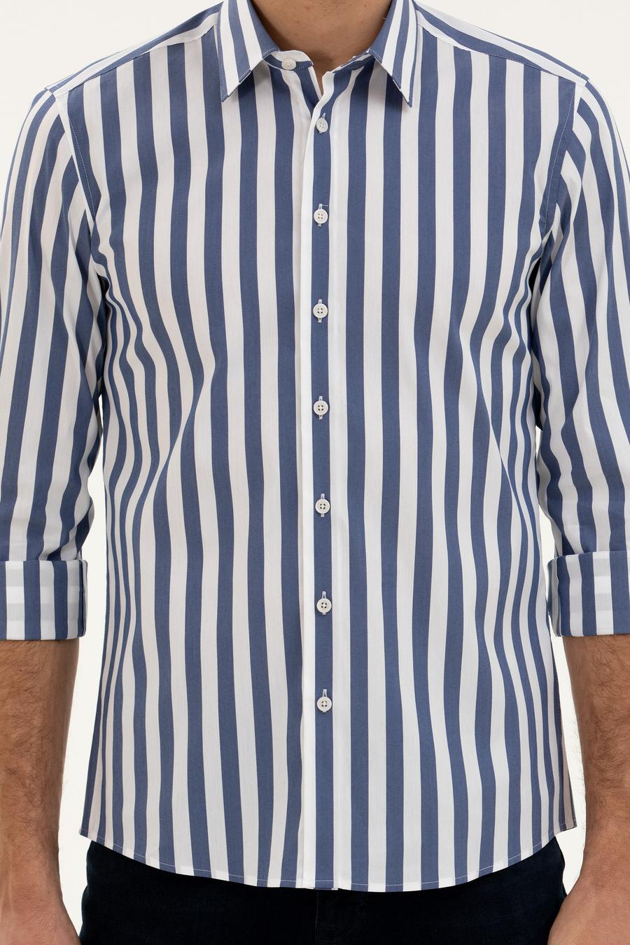Lacivert Slim Fit Pamuk Karışımlı Çizgili Gömlek - 50285448079