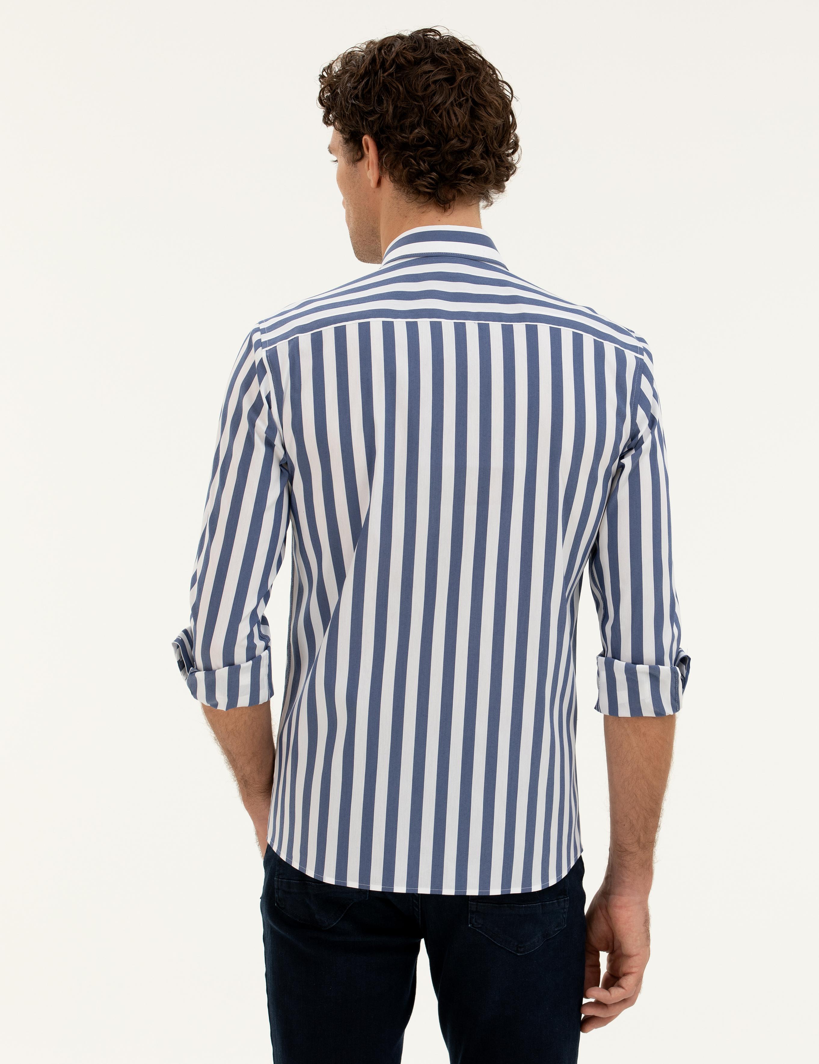 Lacivert Slim Fit Pamuk Karışımlı Çizgili Gömlek - 50285448079