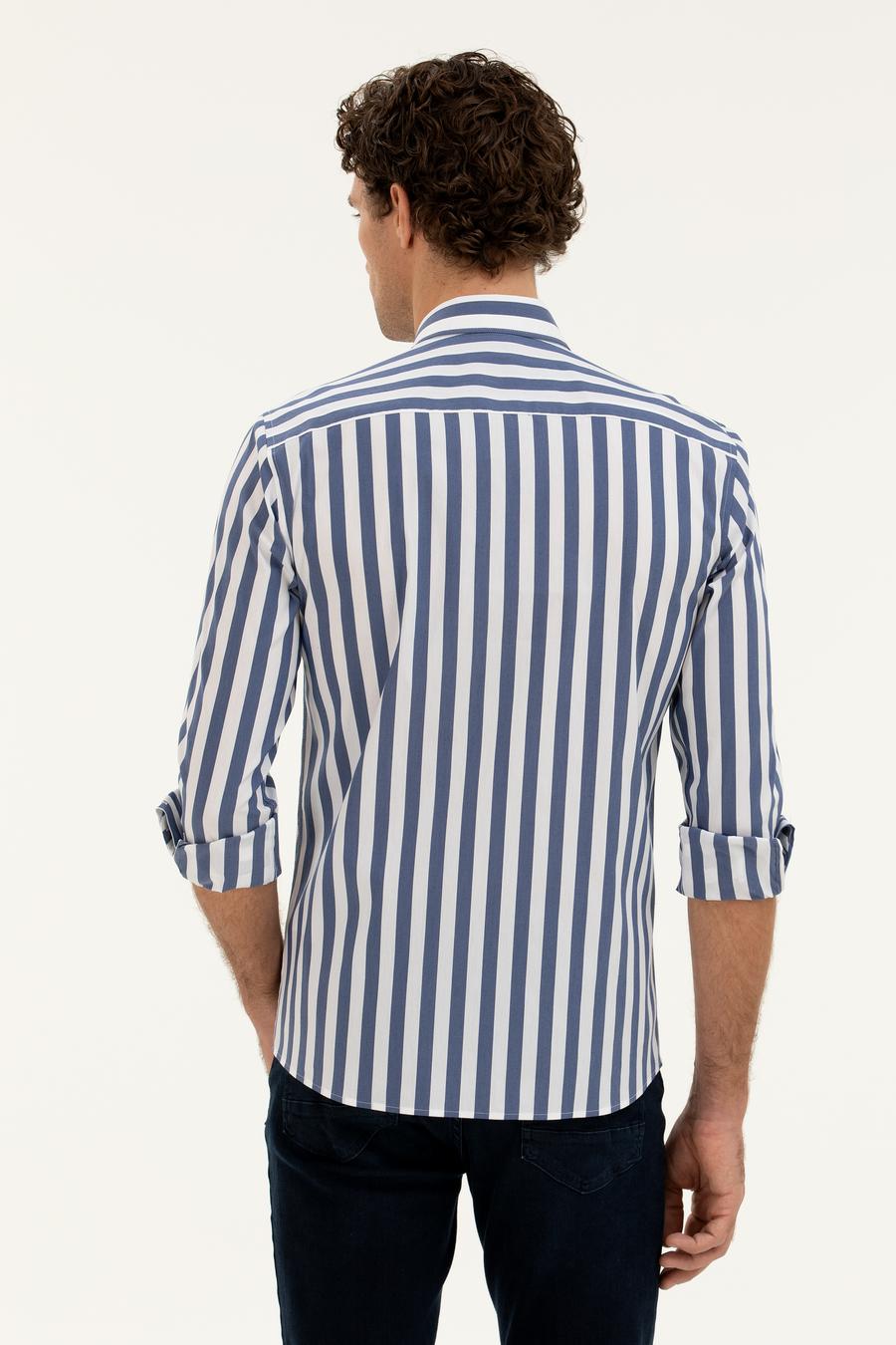 Lacivert Slim Fit Pamuk Karışımlı Çizgili Gömlek - 50285448079