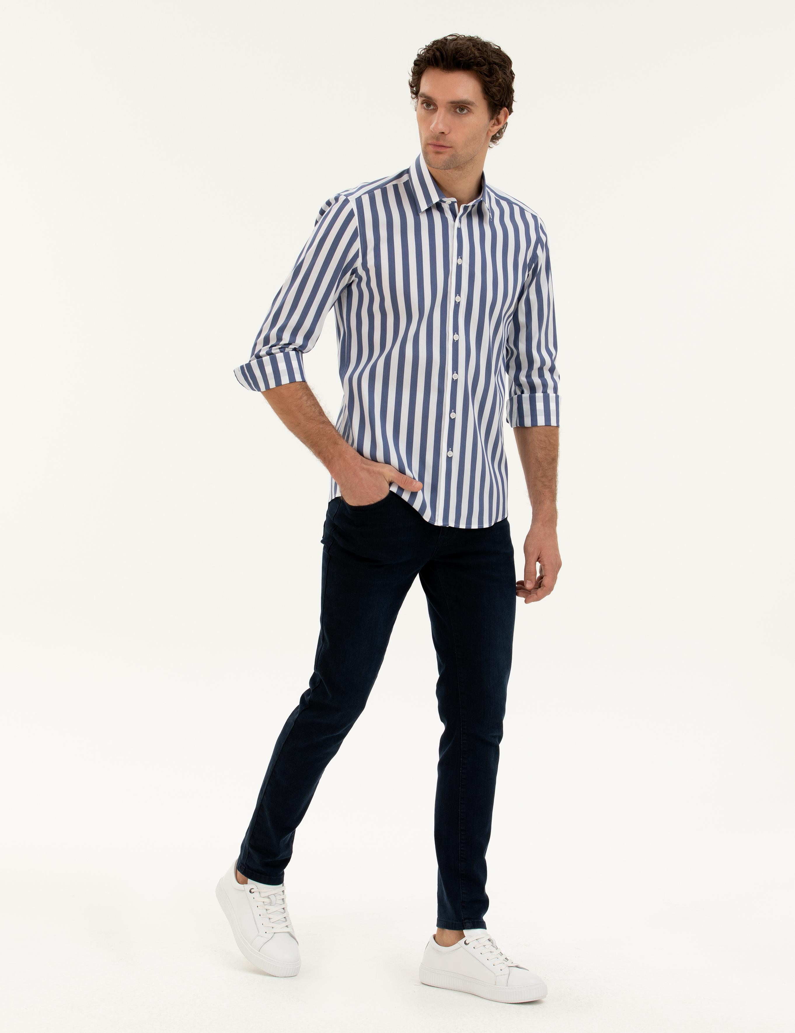 Lacivert Slim Fit Pamuk Karışımlı Çizgili Gömlek - 50285448079