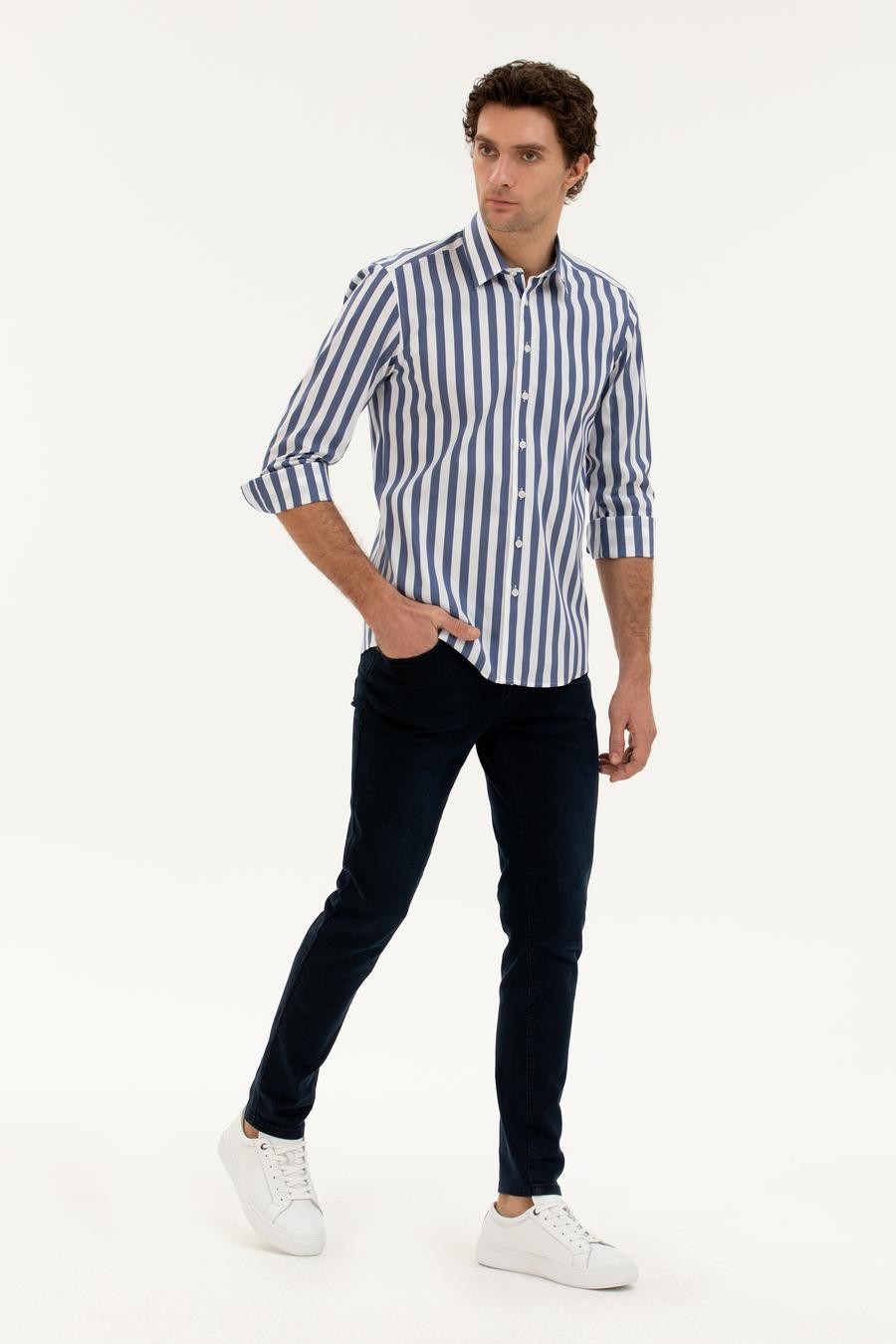 Lacivert Slim Fit Pamuk Karışımlı Çizgili Gömlek - 50285448079