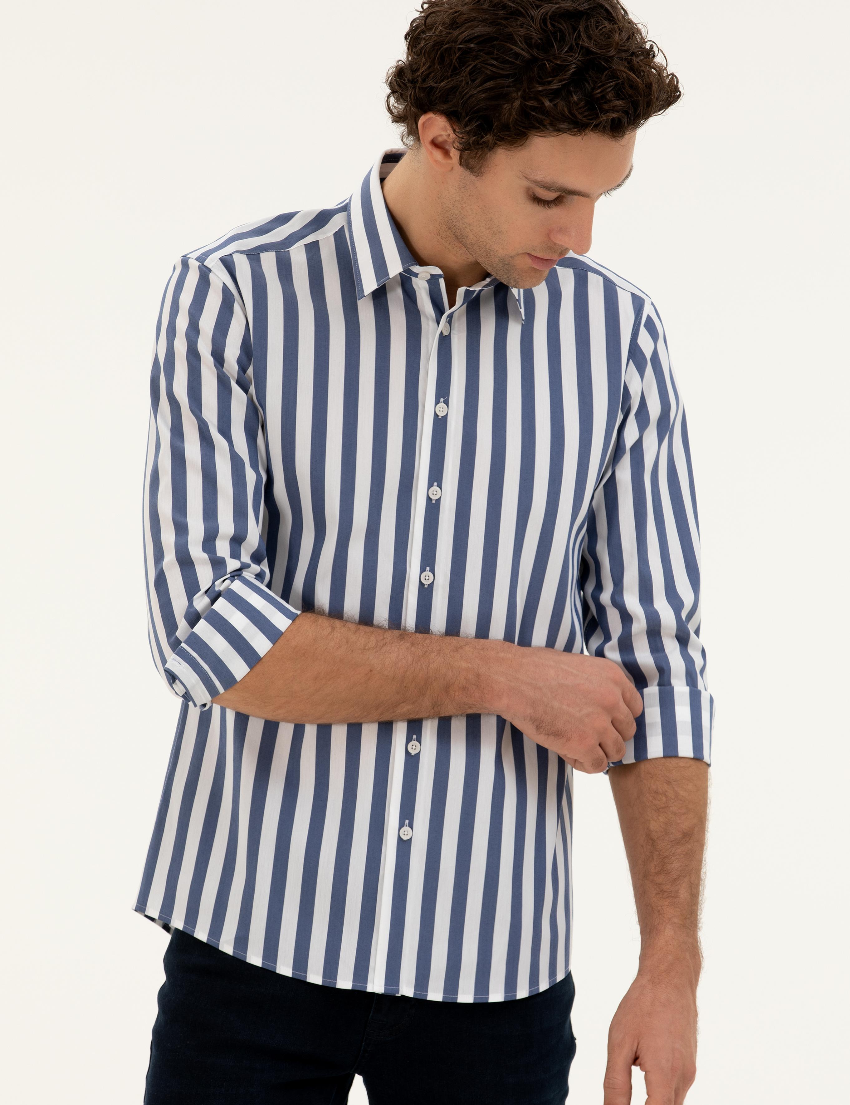Lacivert Slim Fit Pamuk Karışımlı Çizgili Gömlek - 50285448079