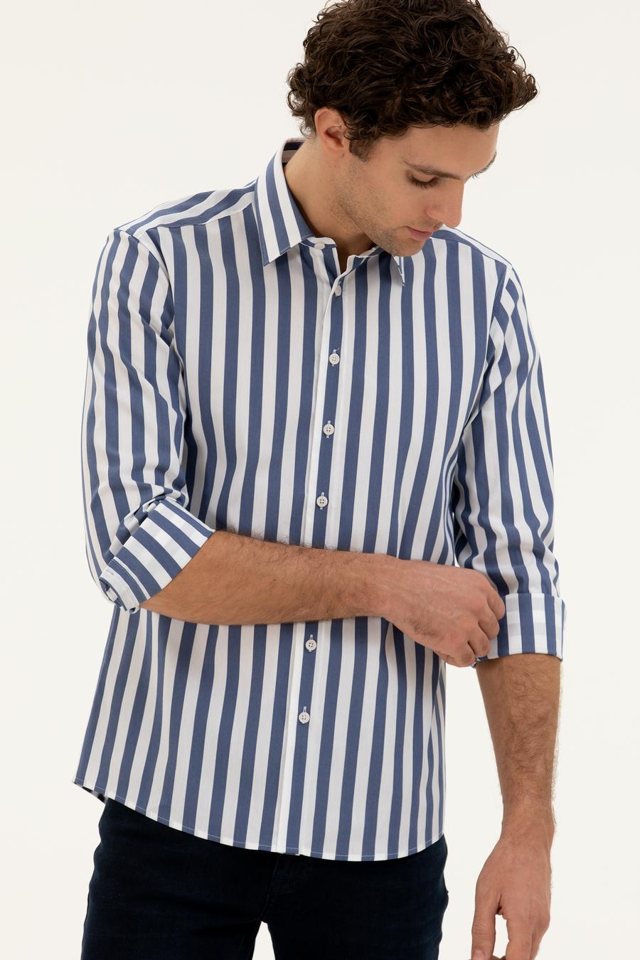 Lacivert Slim Fit Pamuk Karışımlı Çizgili Gömlek - 50285448079