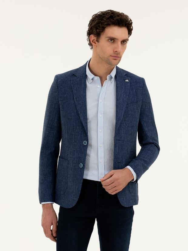 Lacivert Slim Fit Yün Keten Karışımlı Ceket