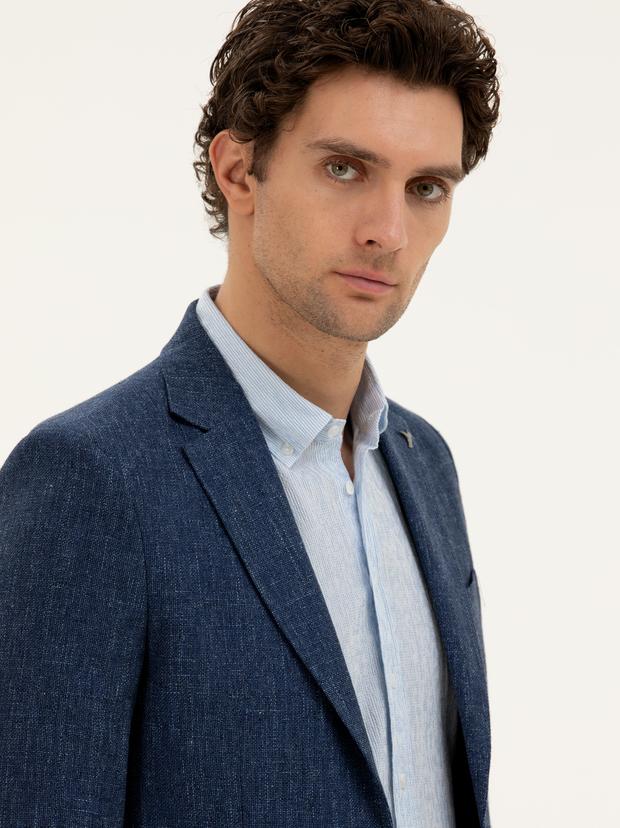 Lacivert Slim Fit Yün Keten Karışımlı Ceket